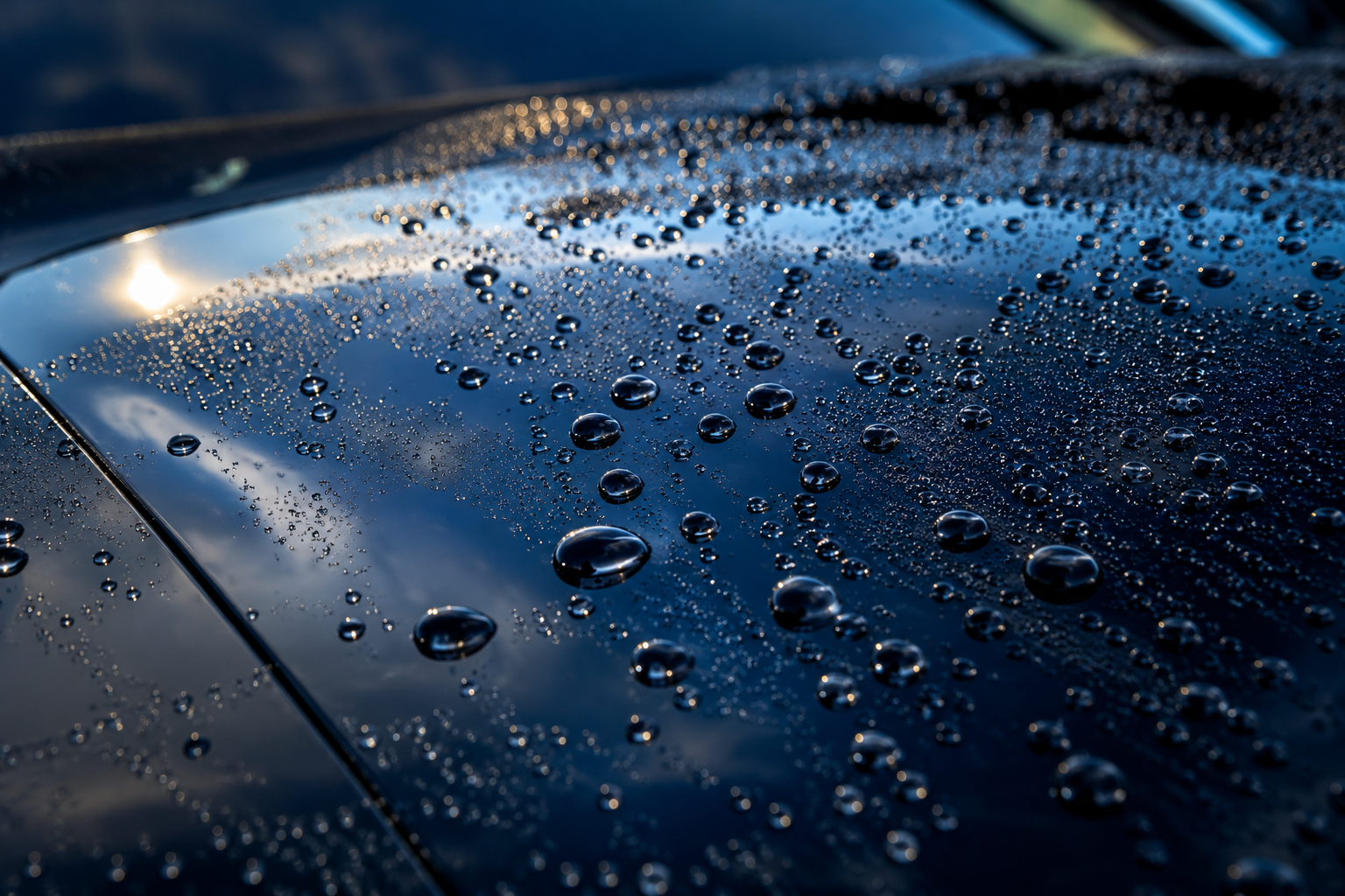 Macro water beading on ceramic-coated dark blue vehicle paintwork