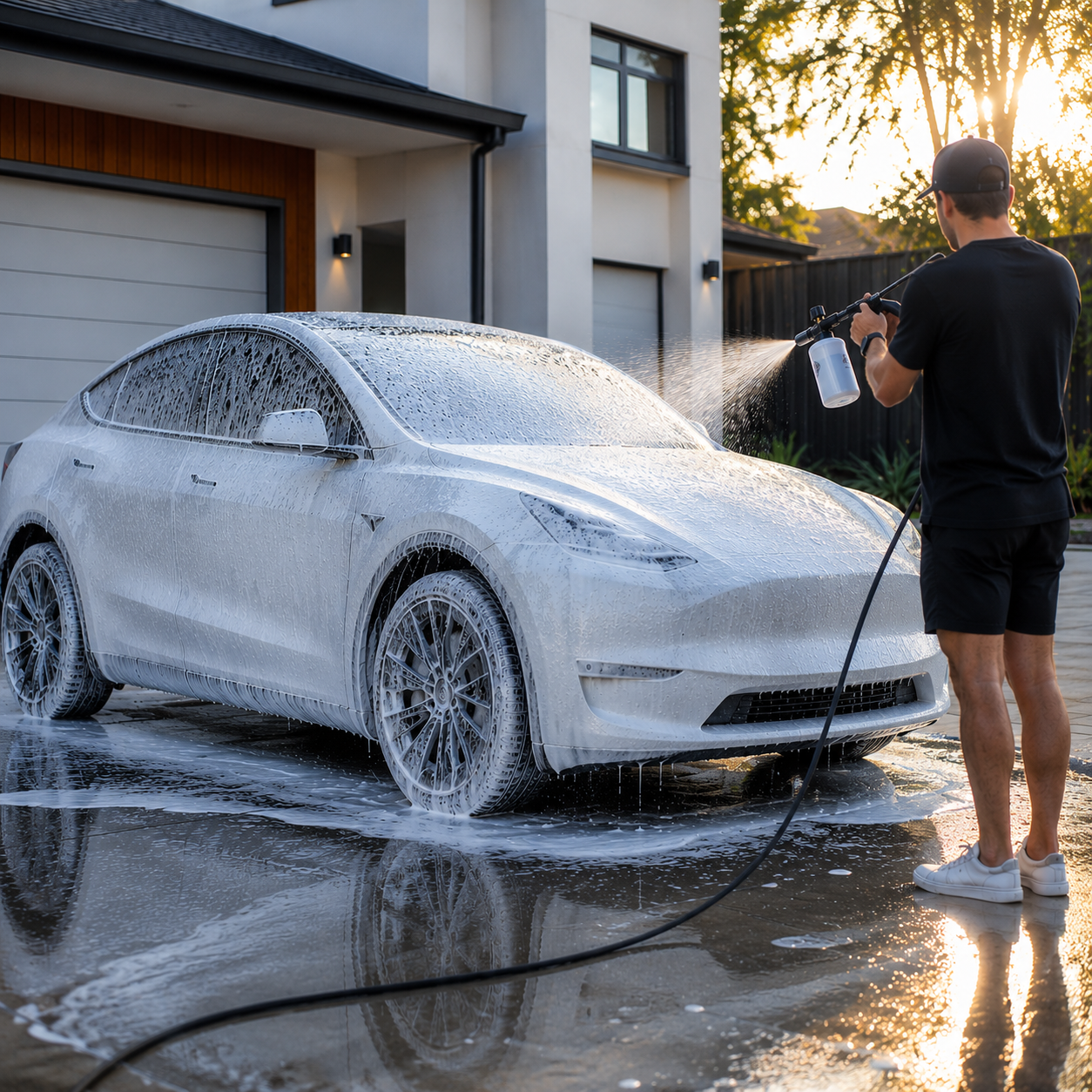 Foam washing a car